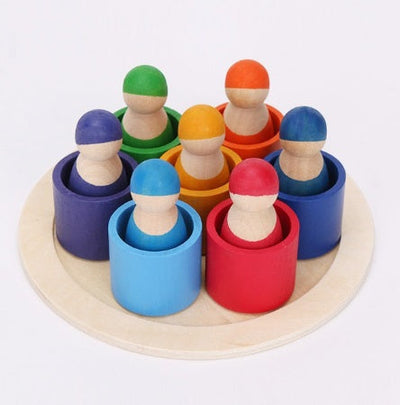 7 amigos arcoíris en vasos, muñecos de madera, juego de clasificación de colores para preescolares