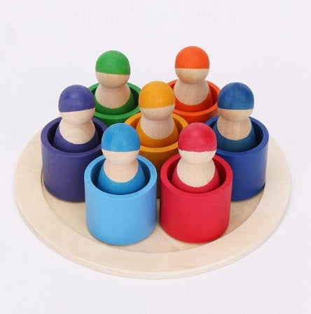 7 amigos arcoíris en vasos, muñecos de madera, juego de clasificación de colores para preescolares