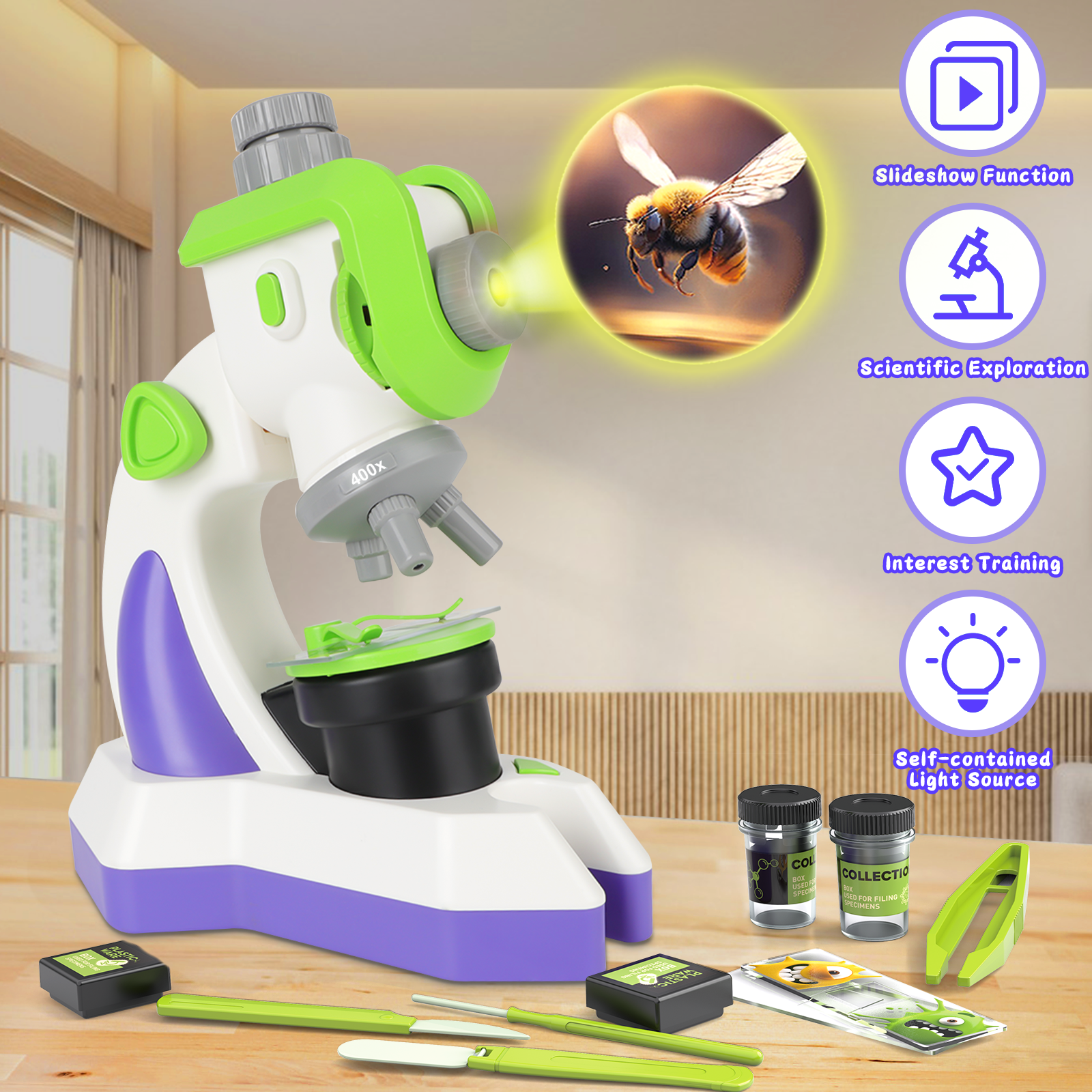Kids Microscope 100x 400x 1200x Portable Microscope Kit with LED Light and Slide Beginner Educational Science Kit Study Educational Toys