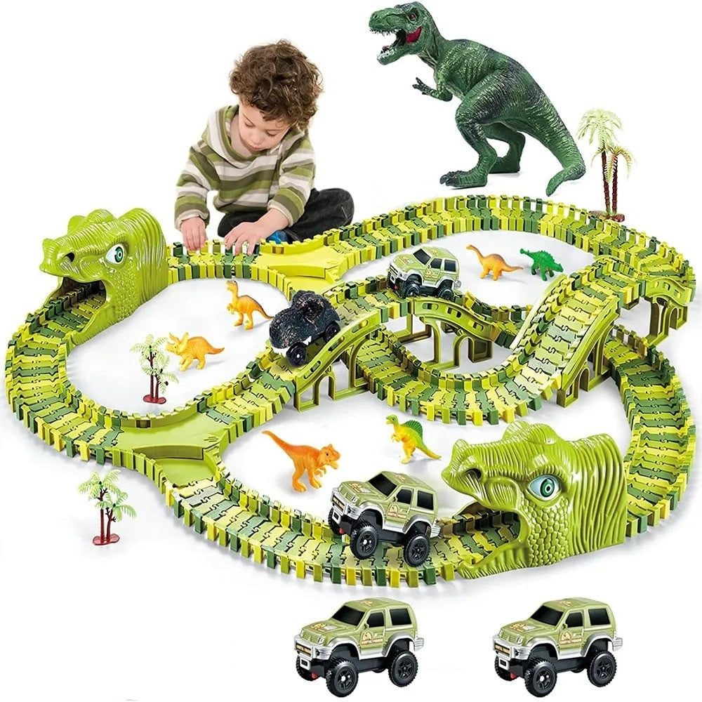 Fidtoy Circuit de course de dinosaures pour enfants – Piste jurassique flexible avec voiture dinosaure motorisée, boucle à 360°, pont, figurines de dinosaures et jeu de construction créatif