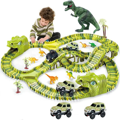 Fidtoy Circuit de course de dinosaures pour enfants – Piste jurassique flexible avec voiture dinosaure motorisée, boucle à 360°, pont, figurines de dinosaures et jeu de construction créatif