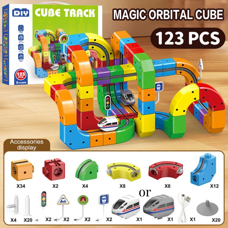 Juego de construcción de vías de tren entrelazadas en 3D | Juego de pistas orbitales de circuito infinito de forma libre de 123 piezas