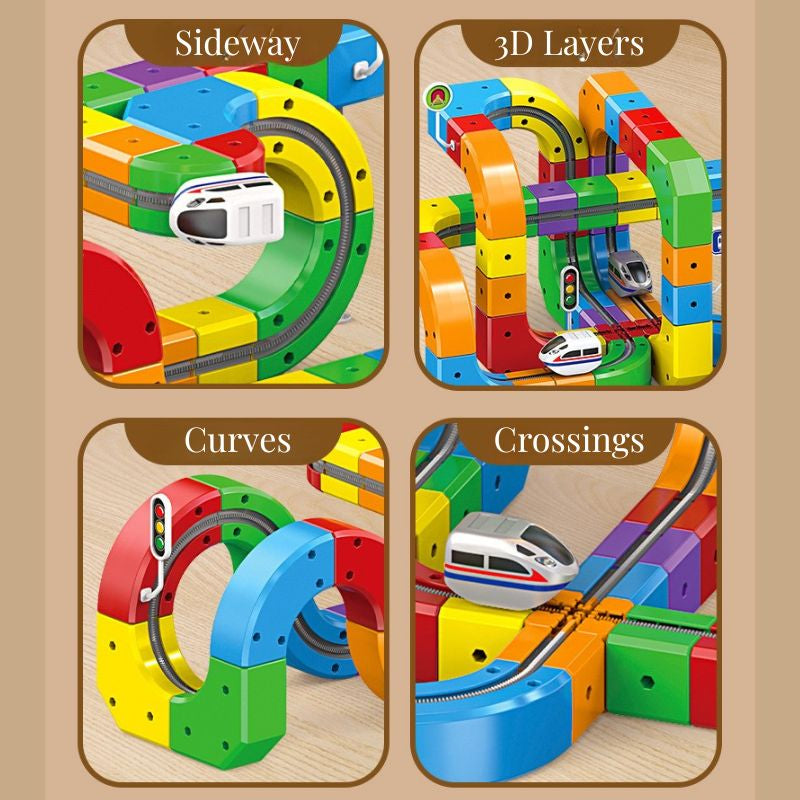 Juego de construcción de vías de tren entrelazadas en 3D | Juego de pistas orbitales de circuito infinito de forma libre de 123 piezas