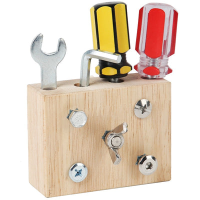 Mini tablero ocupado Montessori deluxe con juego de destornilladores, tornillos y tuercas, engranajes, pestillos y cerradura