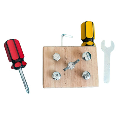 Mini tablero ocupado Montessori deluxe con juego de destornilladores, tornillos y tuercas, engranajes, pestillos y cerradura