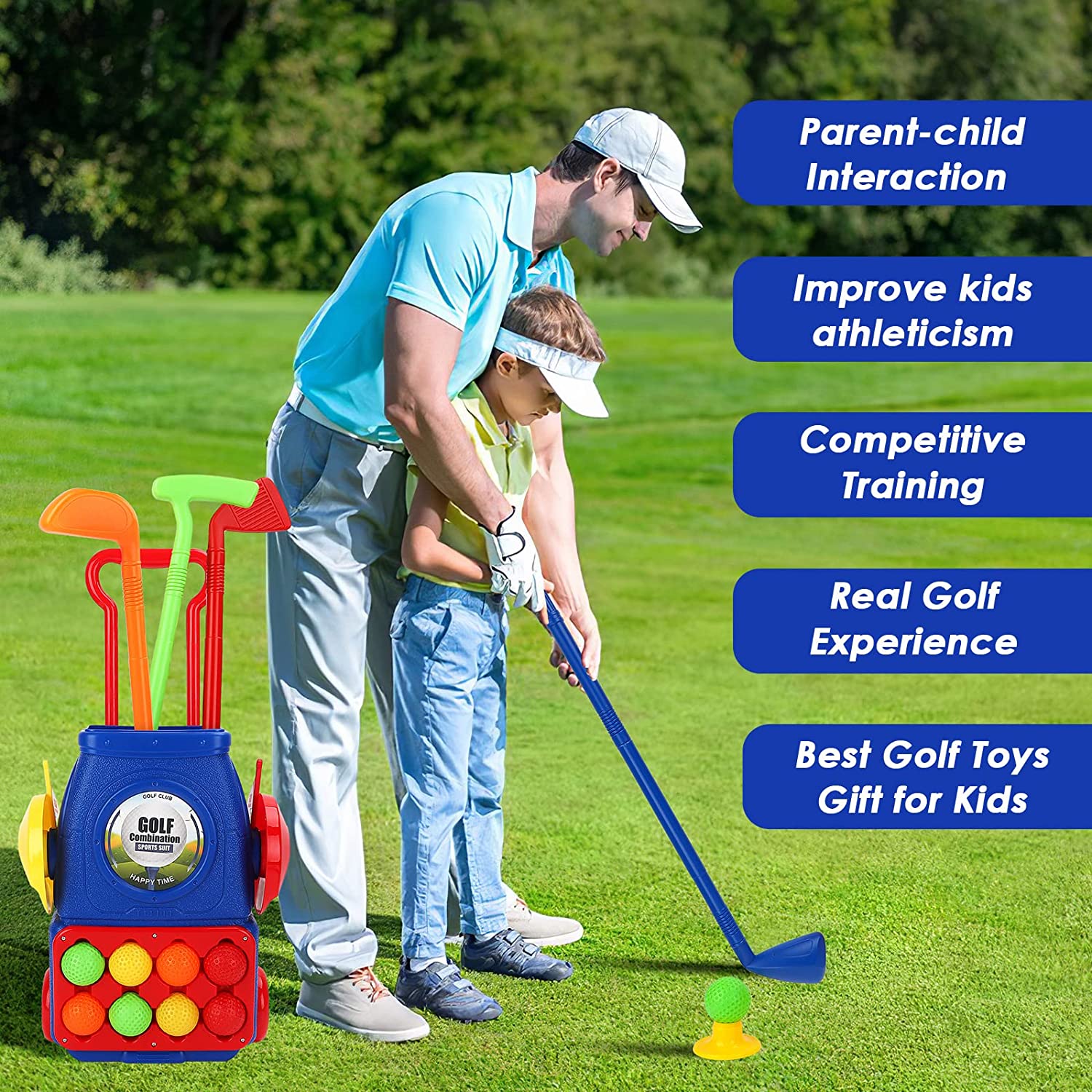 Juego de Juguete de Maleta de Golf para Niños, Juguetes Deportivos para Exterior e Interior con 6 Pelotas, 4 Palos de Golf, 2 Hoyos de Práctica, Set de Palos de Golf para Juego de Jardín para Niños