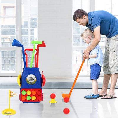 Juego de Juguete de Maleta de Golf para Niños, Juguetes Deportivos para Exterior e Interior con 6 Pelotas, 4 Palos de Golf, 2 Hoyos de Práctica, Set de Palos de Golf para Juego de Jardín para Niños