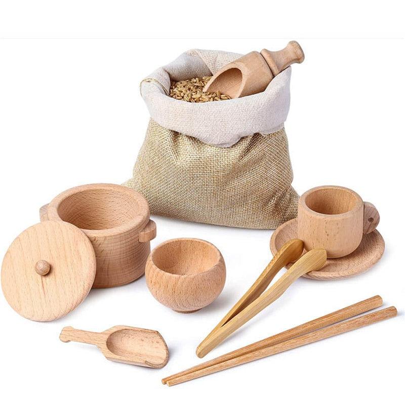 Fidtoy Montessori Wooden Sensory Tool Set for Kids – 8PCS Wooden Kitchen Tools, Scooping & Pouring Toys, Fine Motor Skills and Practical Life Learning Activities