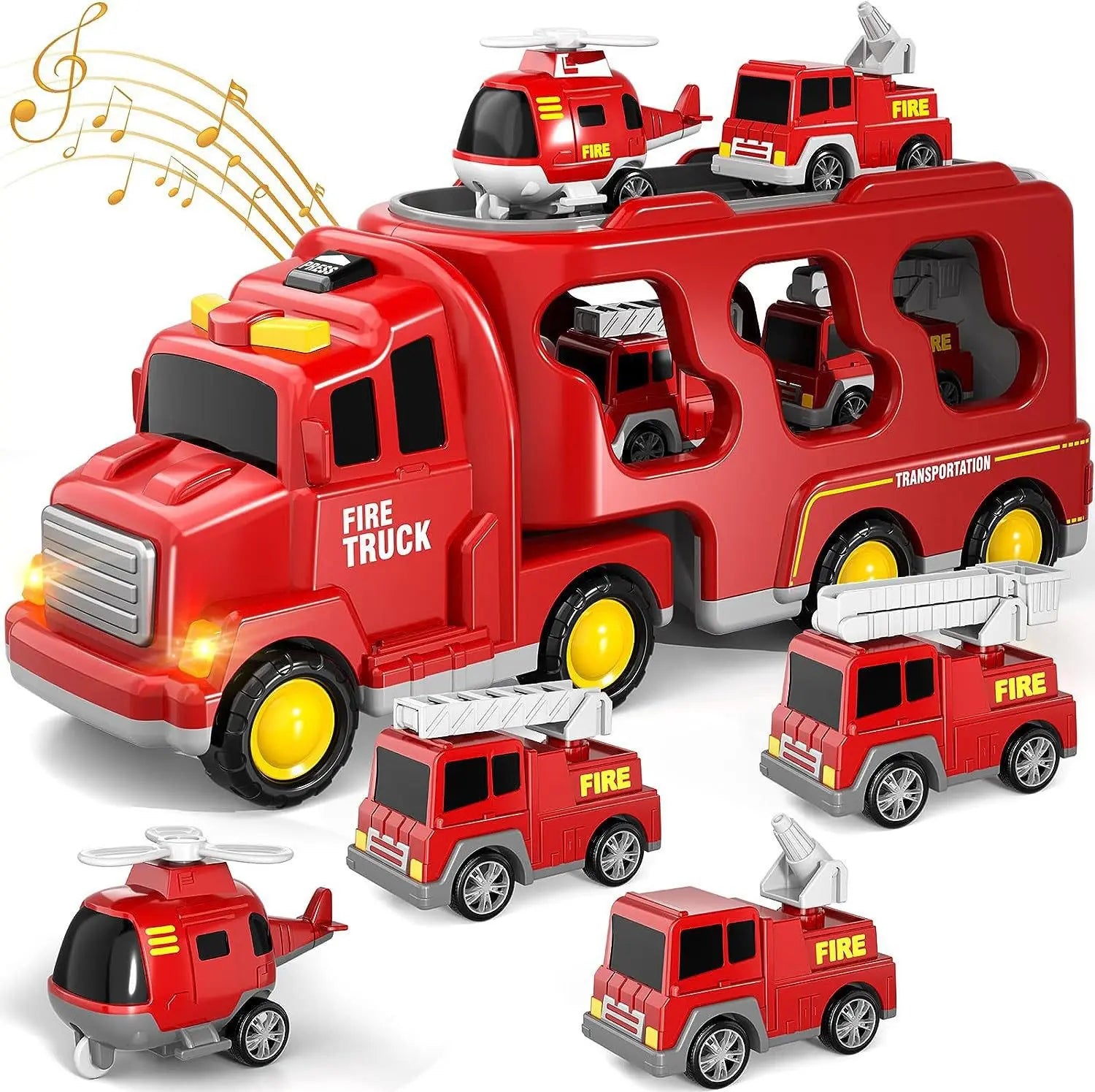 Camion de pompier Fidtoy 5-en-1 avec hélicoptère, échelle, lumières et sons pour enfants