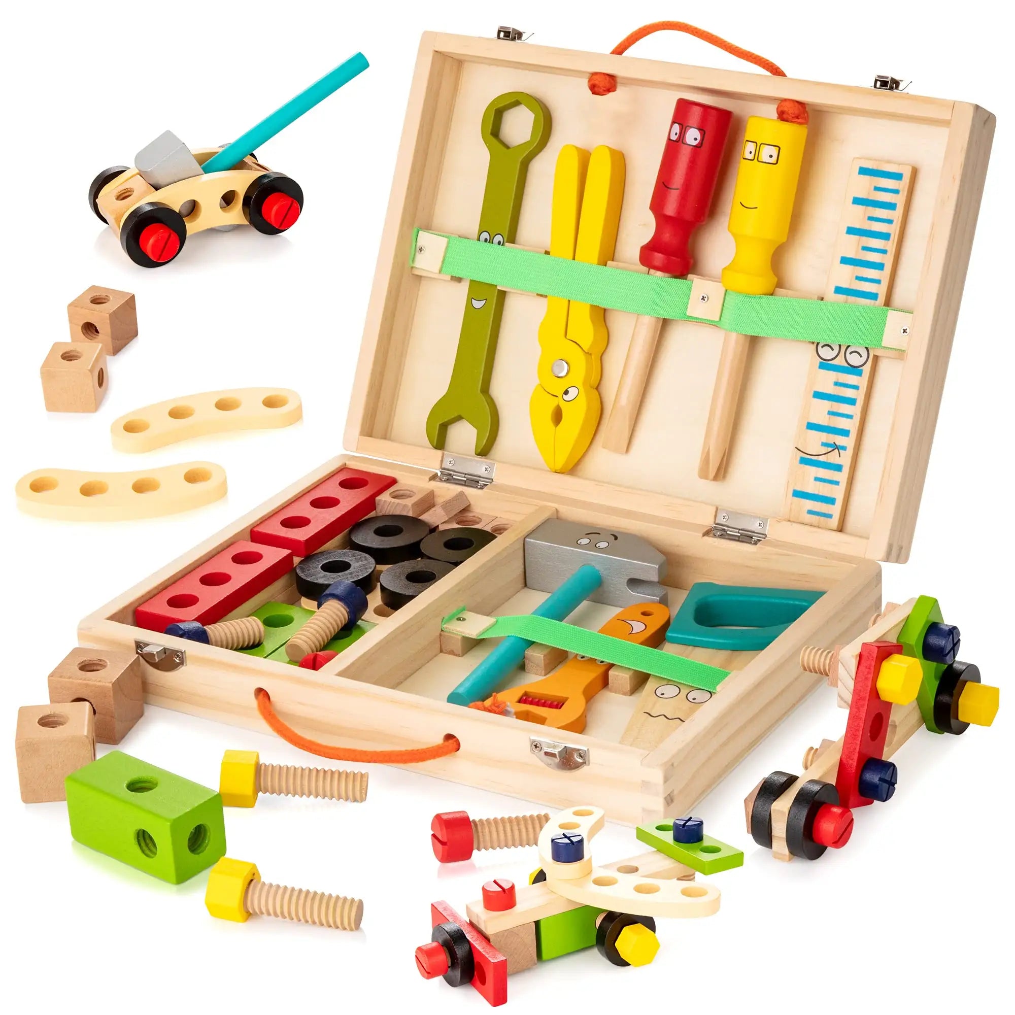 Fidtoy Wooden Tool Box Toy for Kids – Montessori Pretend Play Construction Set