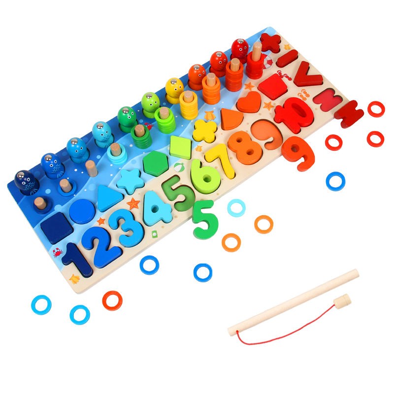 Fidtoy Tableau d'apprentissage des chiffres et des lettres Montessori en bois – Jouet de pêche magnétique et de tri des formes
