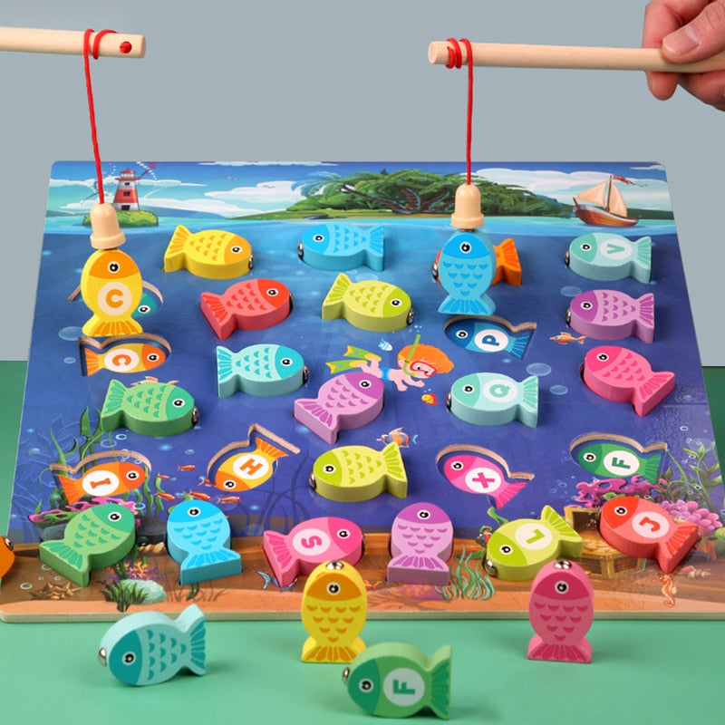 Jeu de pêche magnétique en bois Fidtoy pour tout-petits pour l'apprentissage des lettres et des couleurs