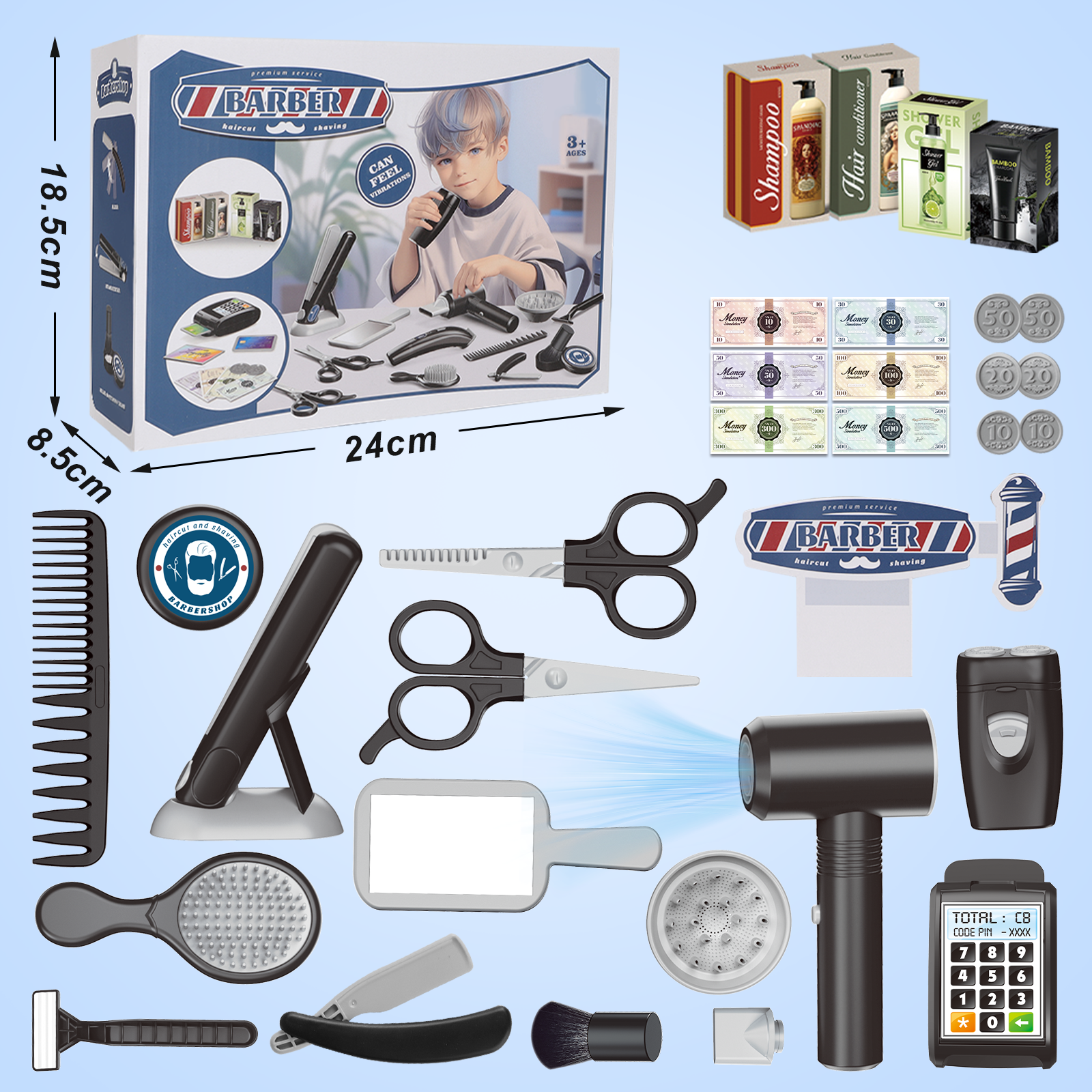 Set de peluquería de 37 piezas para niños, juego de rol de peluquero con secador de pelo, cortapelos eléctrico, maquinillas de afeitar y accesorios de juguete