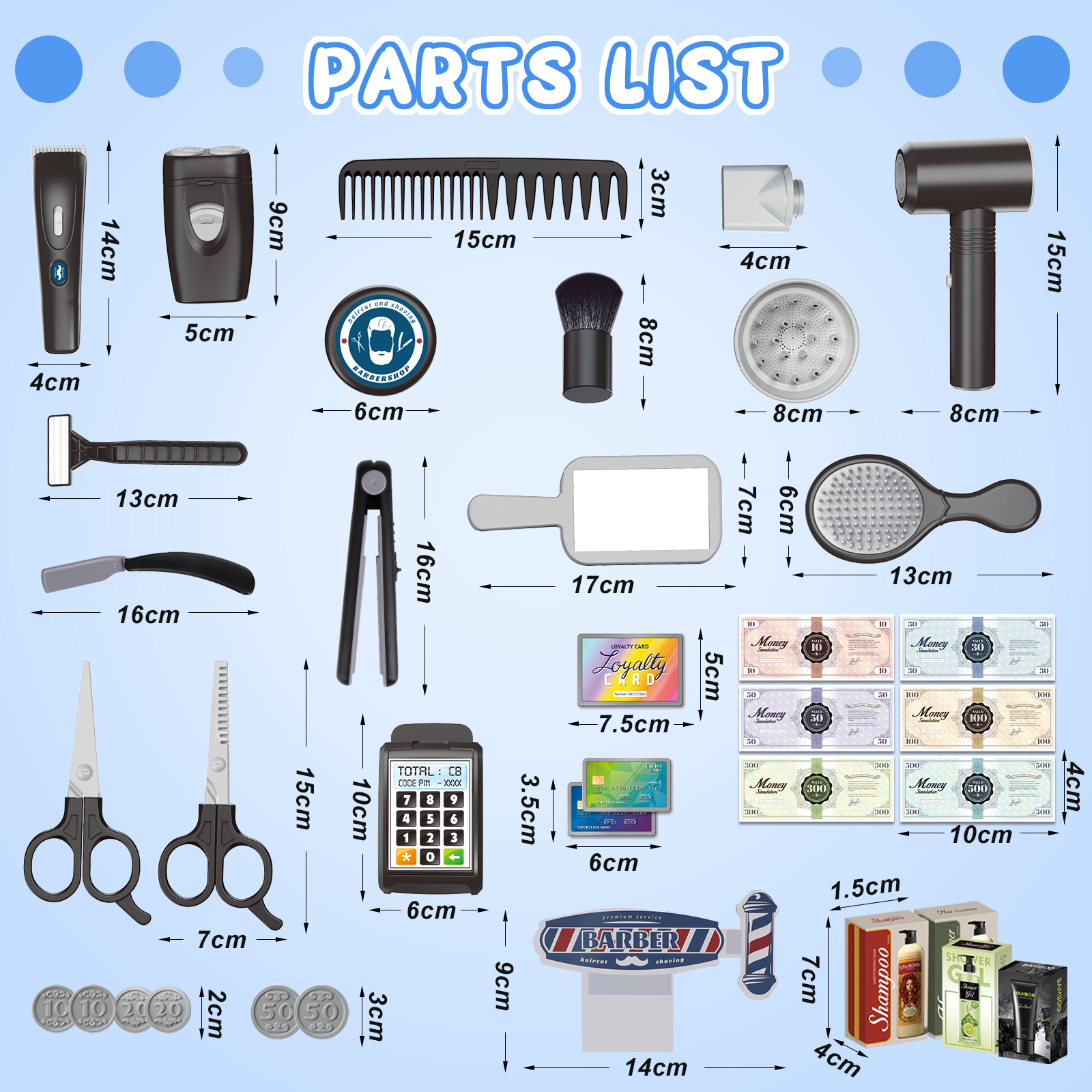 Set de peluquería de 37 piezas para niños, juego de rol de peluquero con secador de pelo, cortapelos eléctrico, maquinillas de afeitar y accesorios de juguete