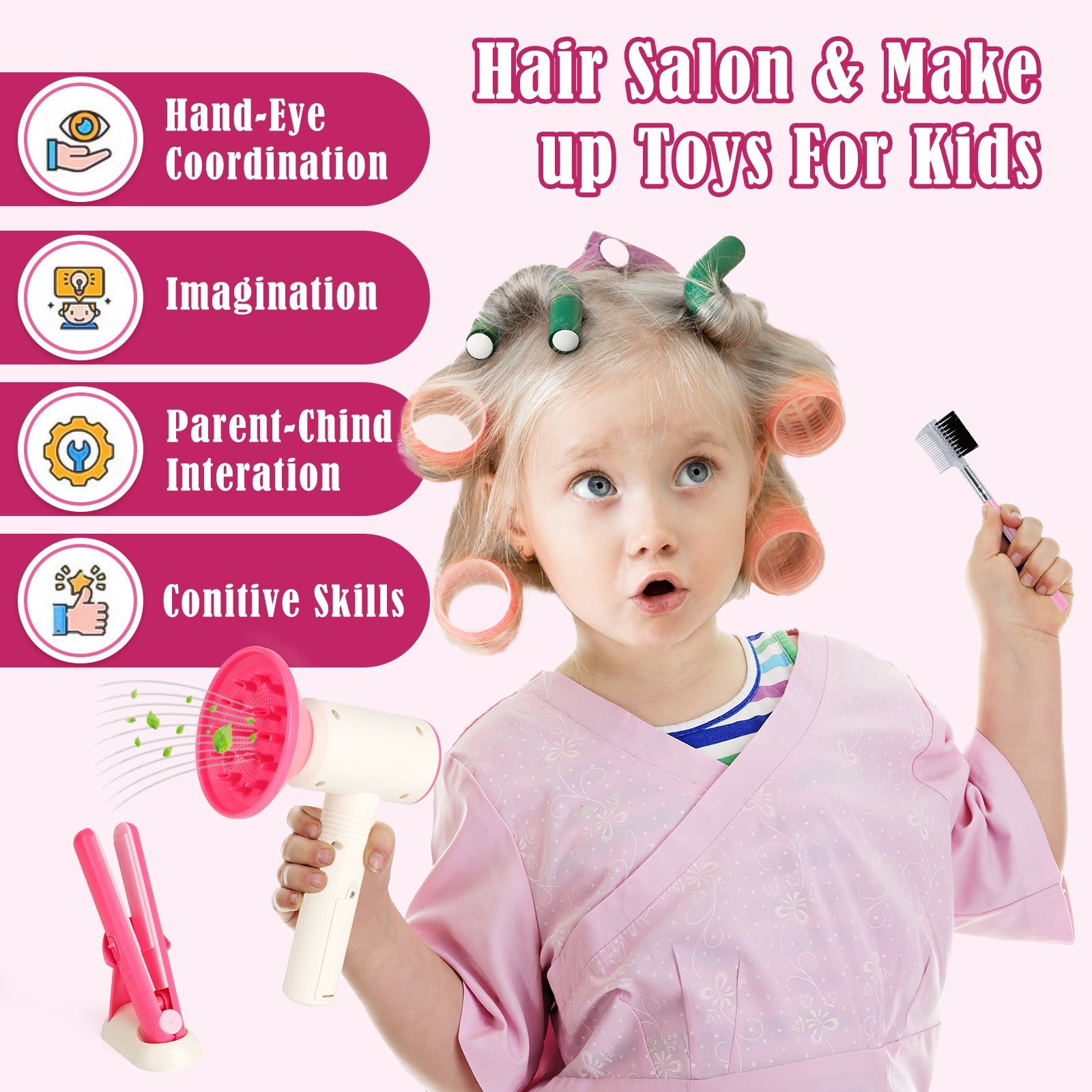 Juego de maquillaje para niños de 50 piezas, kit de belleza y moda para niñas, kit de juguete de peluquería de simulación, juego de accesorios de maquillaje para niños