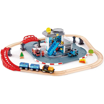 Tren de juguete de servicios de emergencia Fidtoy, juego de rescate de ferrocarril de madera para niños