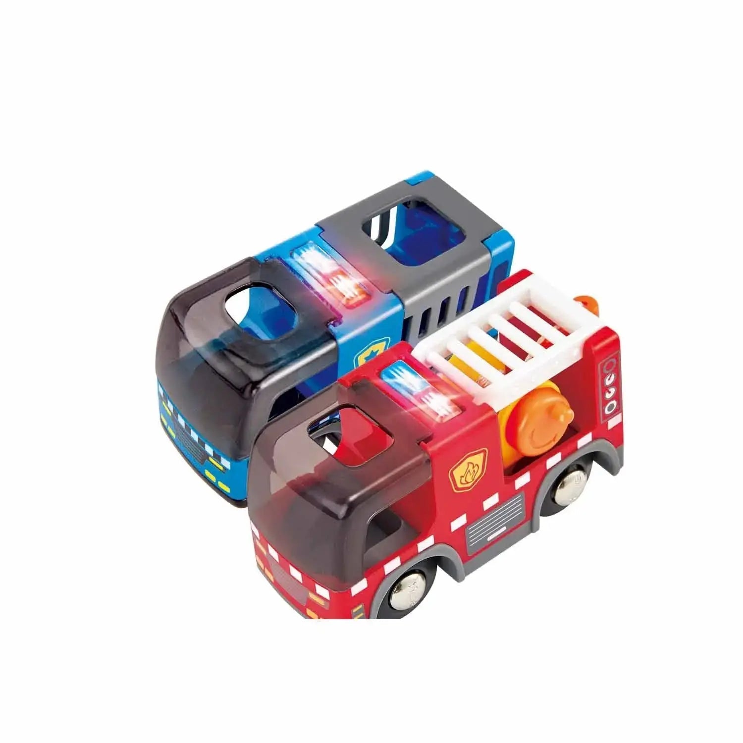 Tren de juguete de servicios de emergencia Fidtoy, juego de rescate de ferrocarril de madera para niños