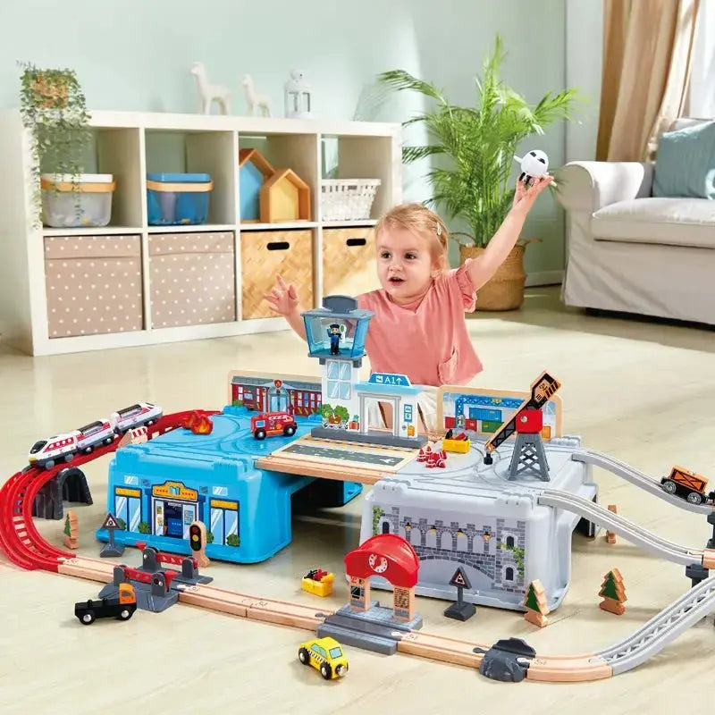 Fidtoy Wooden City Train Set 80 Piece Railway Building Toy for Kids