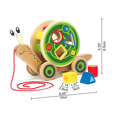 Fidtoy Juguete de arrastre con forma de caracol de madera, clasificador de formas, juguete de aprendizaje para niños pequeños