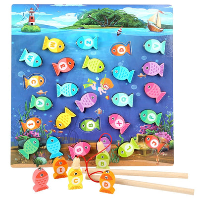 Juguetes educativos de madera Montessori: Juego de pesca con números y alfabeto para tablero