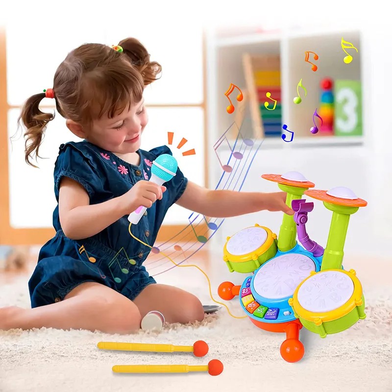 Fidtoy Batterie pour enfants avec microphone pour tout-petits – Instrument de musique avec lumières, sons et apprentissage interactif