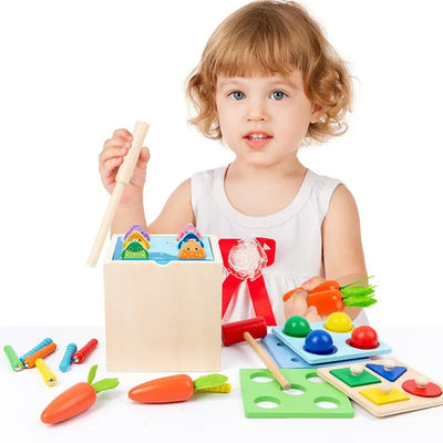 Fidtoy Montessori Wooden 5-in-1 Activity Toy – Shape Sorting, Hammer Ball, Fishing & Fine Motor Learning Set