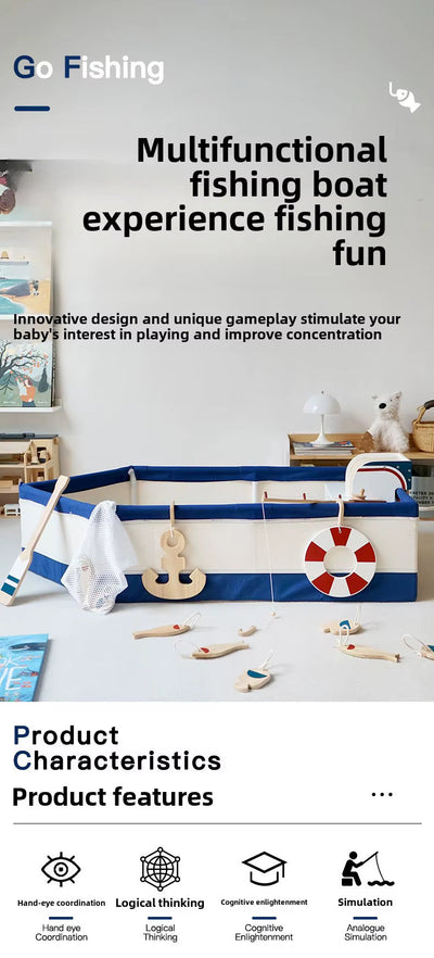 Juego de simulación de barco de pesca de madera para niños – Juguete Montessori de aventura oceánica con caña, peces y accesorios | Juguetes Eduspark
