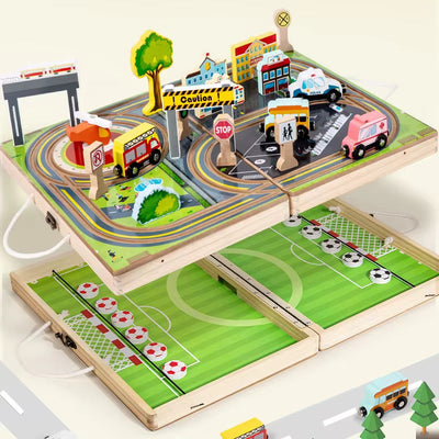 Ensemble de jeu 2 en 1 en bois : Ville & Football | Boîte d'activités portable et pliable pour enfants | Coffret de 18 véhicules et bâtiments | Jouet de voyage Montessori
