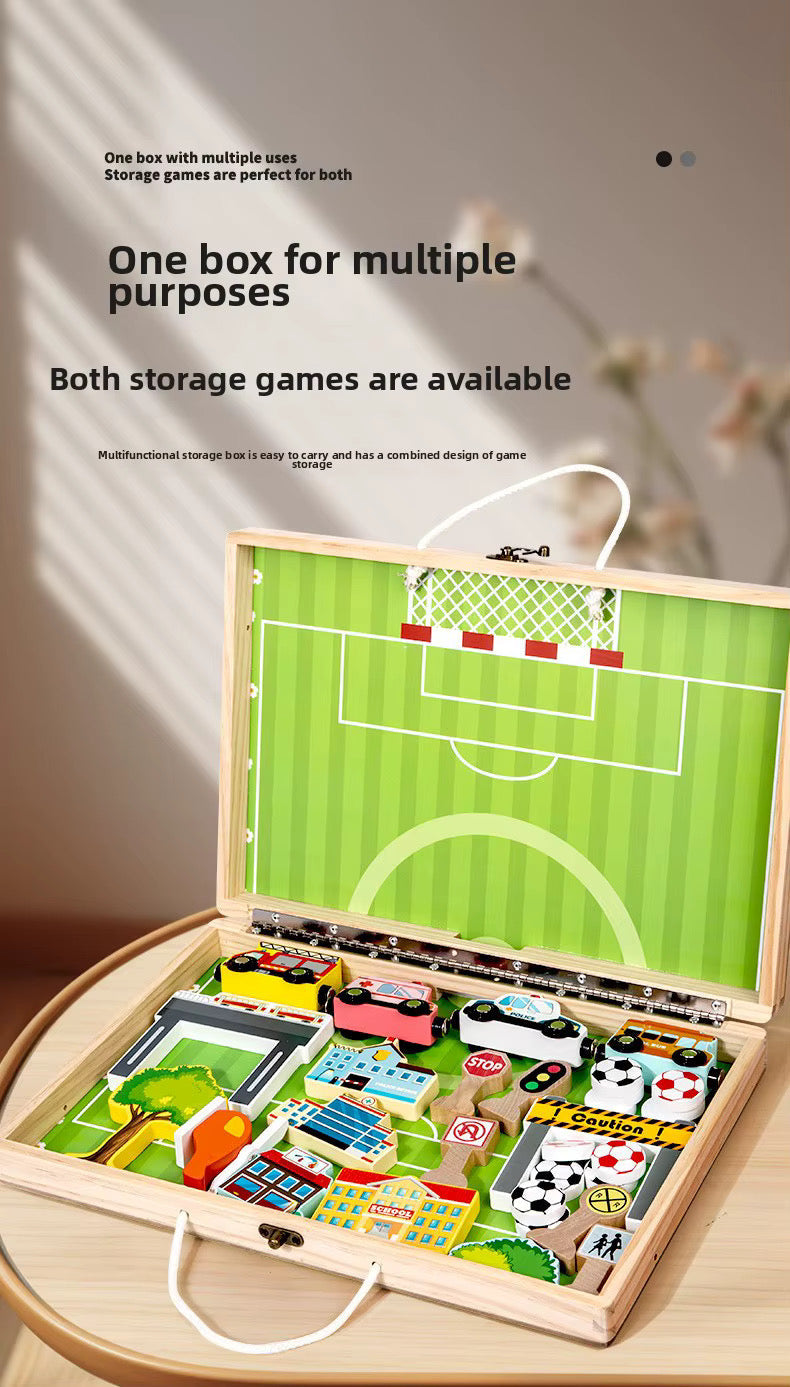 Ensemble de jeu 2 en 1 en bois : Ville & Football | Boîte d'activités portable et pliable pour enfants | Coffret de 18 véhicules et bâtiments | Jouet de voyage Montessori