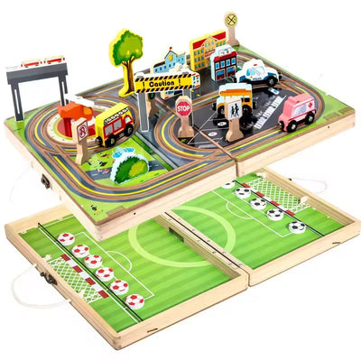Ensemble de jeu 2 en 1 en bois : Ville & Football | Boîte d'activités portable et pliable pour enfants | Coffret de 18 véhicules et bâtiments | Jouet de voyage Montessori