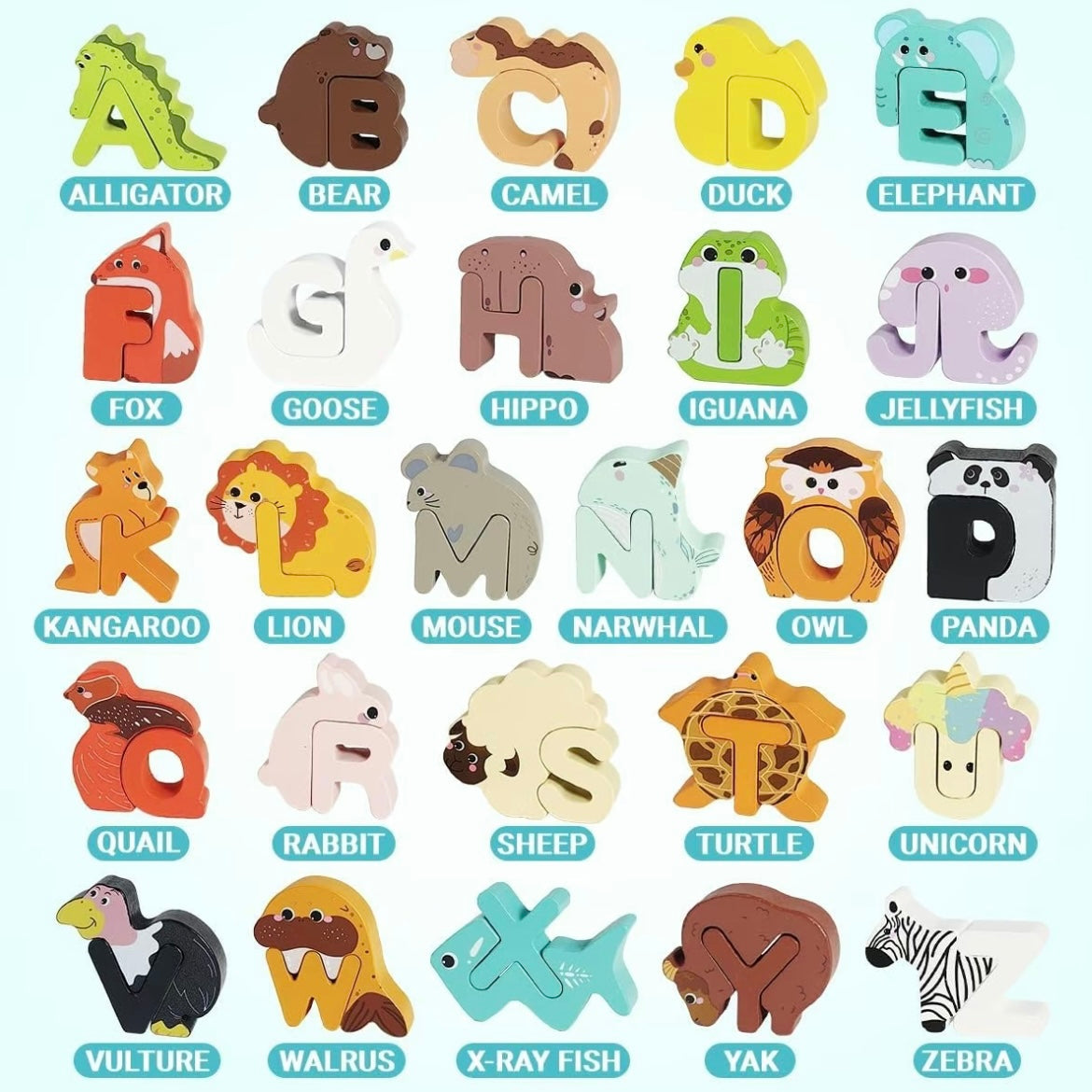 Rompecabezas de madera del alfabeto animal – Juguete educativo de la A a la Z para niños
