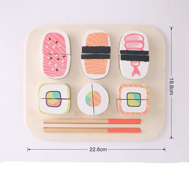 Juego de simulación de sushi de madera con palillos y tabla para cortar
