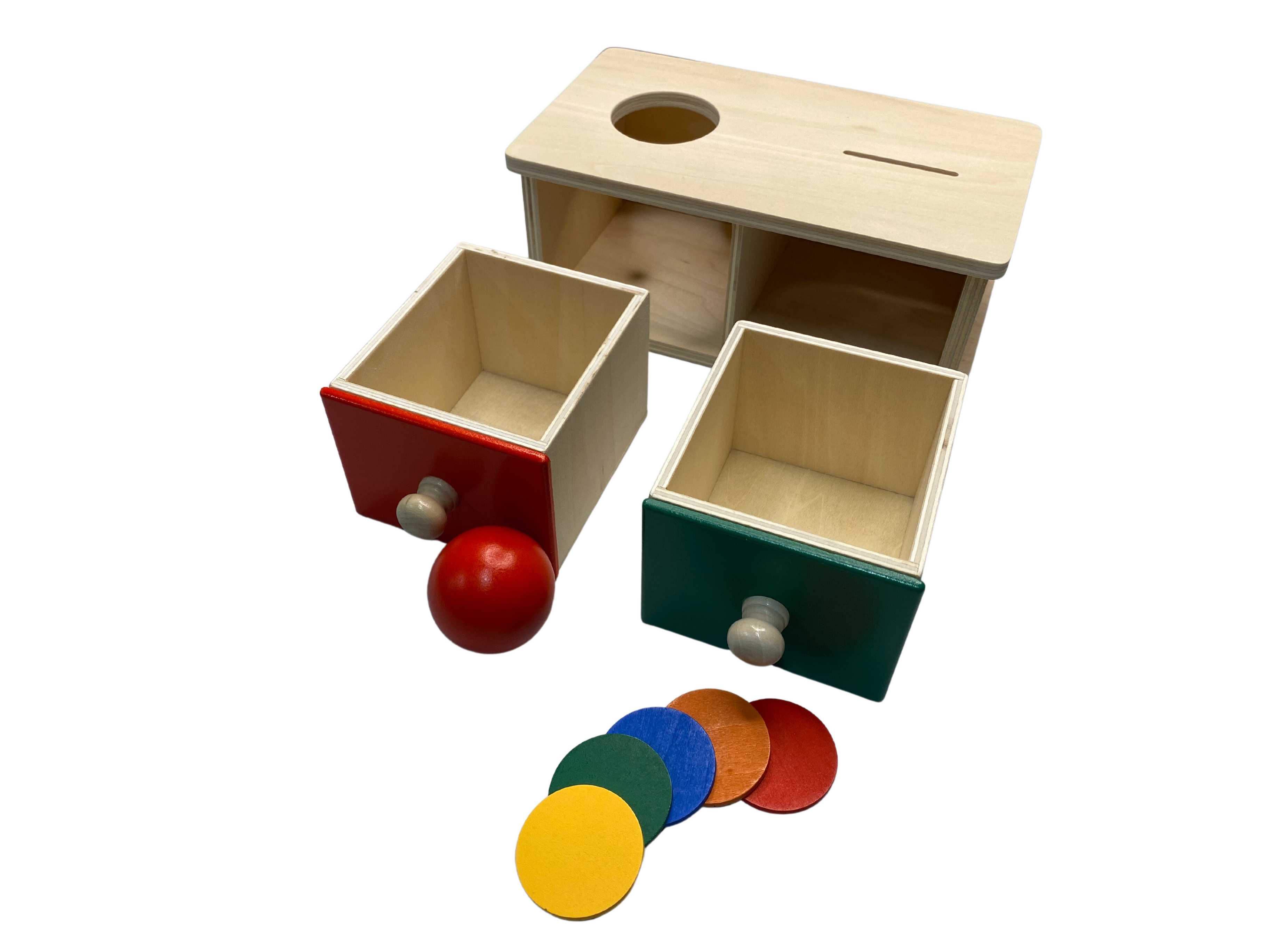Caja Montessori de permanencia del objeto – Caja 2 en 1 con pelota y monedas