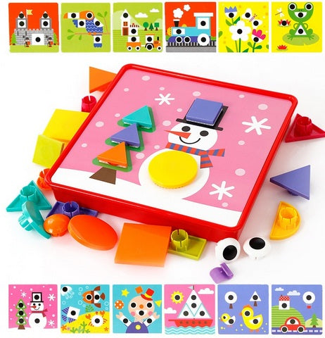 Fidtoy Puzzle Boutons Géométriques avec Boîte de Rangement, Jouet d'Apprentissage des Formes et des Couleurs en Plastique avec 22 Boutons Géométriques, 12 Cartes Images et 2 Pinces de Fixation, 3 Ans et Plus