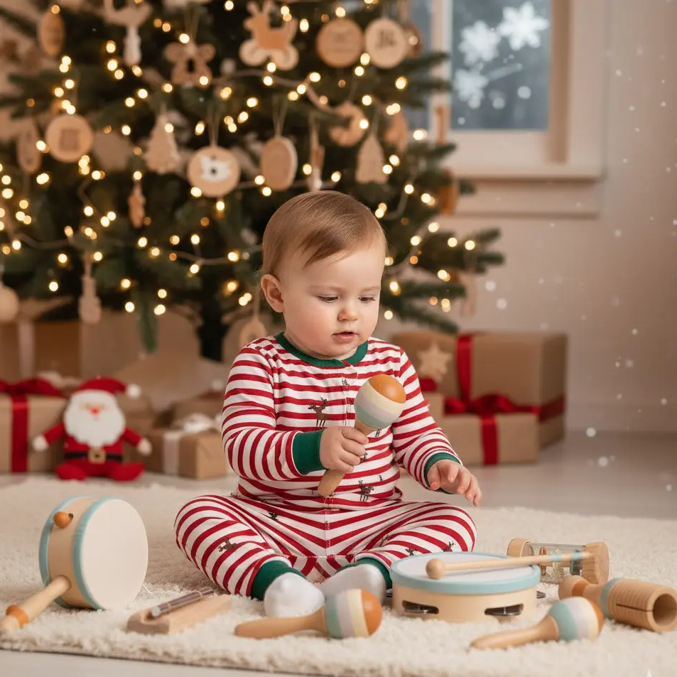 Fidtoy Juego de 8 instrumentos musicales de madera para niños pequeños, set de instrumentos de ritmo con tambor, campanas y maracas