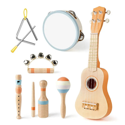 Fidtoy Juego de instrumentos musicales de 7 piezas para niños pequeños Ukelele Juguetes de aprendizaje de ritmo para niños