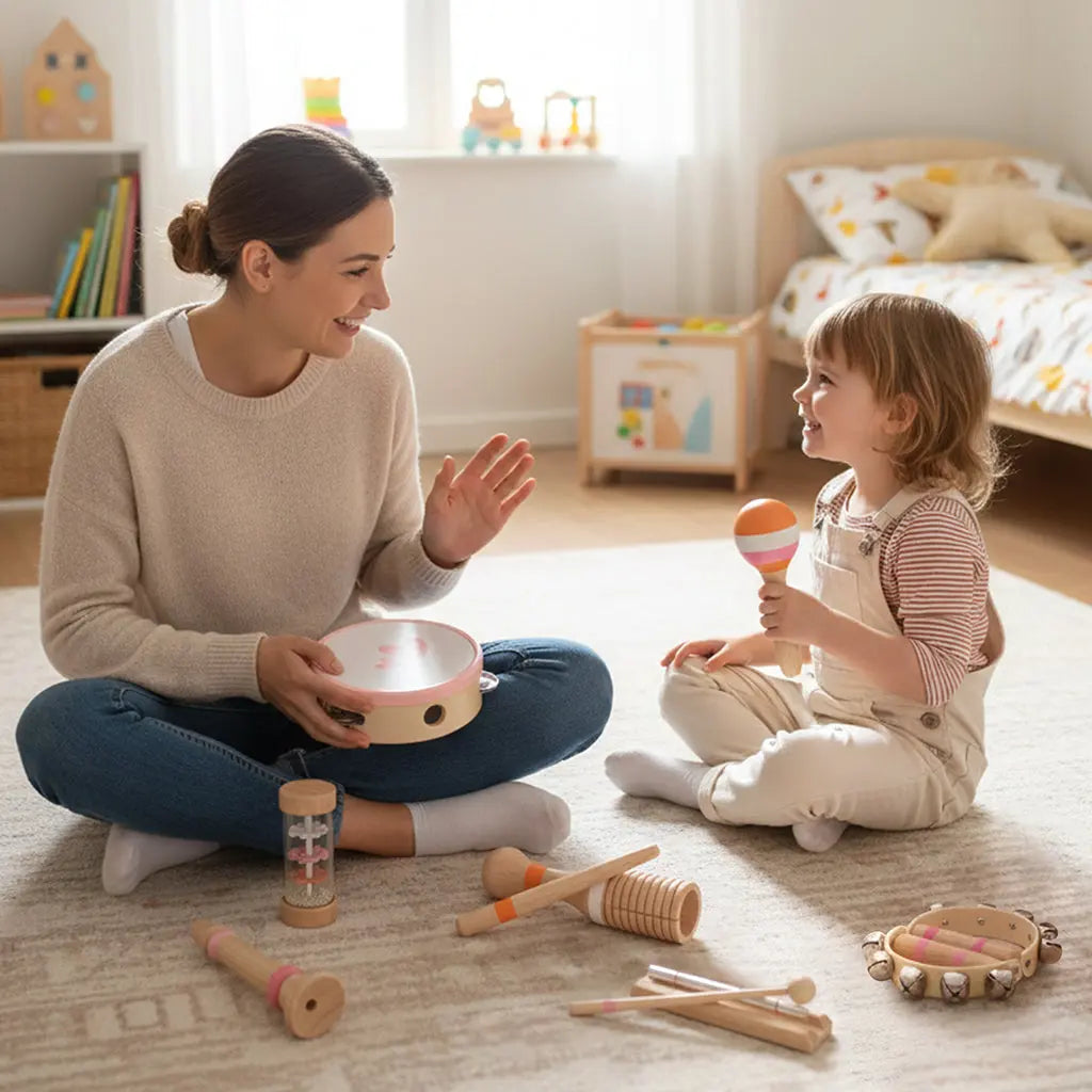 Juego de juguetes musicales de madera Fidtoy para niños pequeños, juego de instrumentos de 8 piezas, juguetes musicales educativos