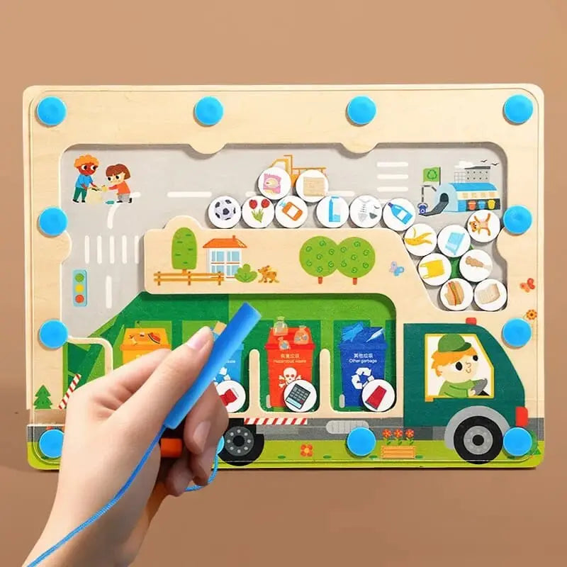 Fidtoy Camion de Ramassage Magnétique – Jouet Labyrinthe Montessori pour le Développement de la Motricité Fine et le Recyclage chez les Tout-Petits