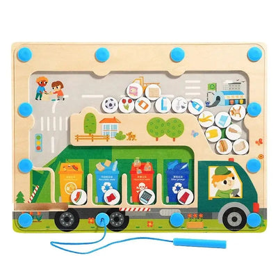 Fidtoy Camion de Ramassage Magnétique – Jouet Labyrinthe Montessori pour le Développement de la Motricité Fine et le Recyclage chez les Tout-Petits