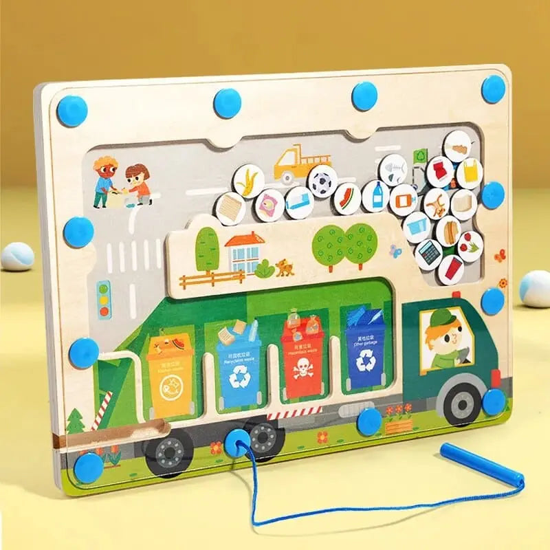 Fidtoy Camion de Ramassage Magnétique – Jouet Labyrinthe Montessori pour le Développement de la Motricité Fine et le Recyclage chez les Tout-Petits