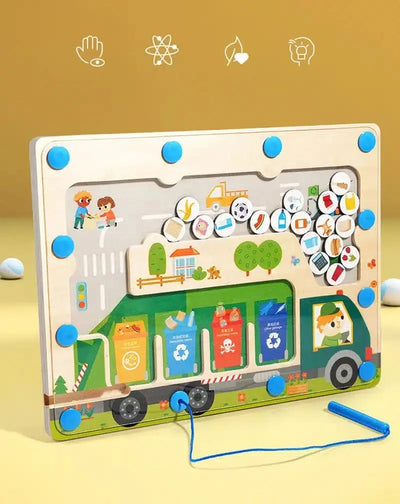 Fidtoy Camion de Ramassage Magnétique – Jouet Labyrinthe Montessori pour le Développement de la Motricité Fine et le Recyclage chez les Tout-Petits