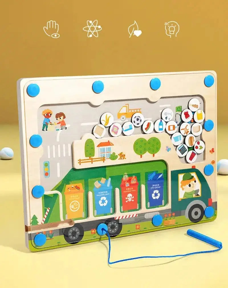 Fidtoy Camion de Ramassage Magnétique – Jouet Labyrinthe Montessori pour le Développement de la Motricité Fine et le Recyclage chez les Tout-Petits
