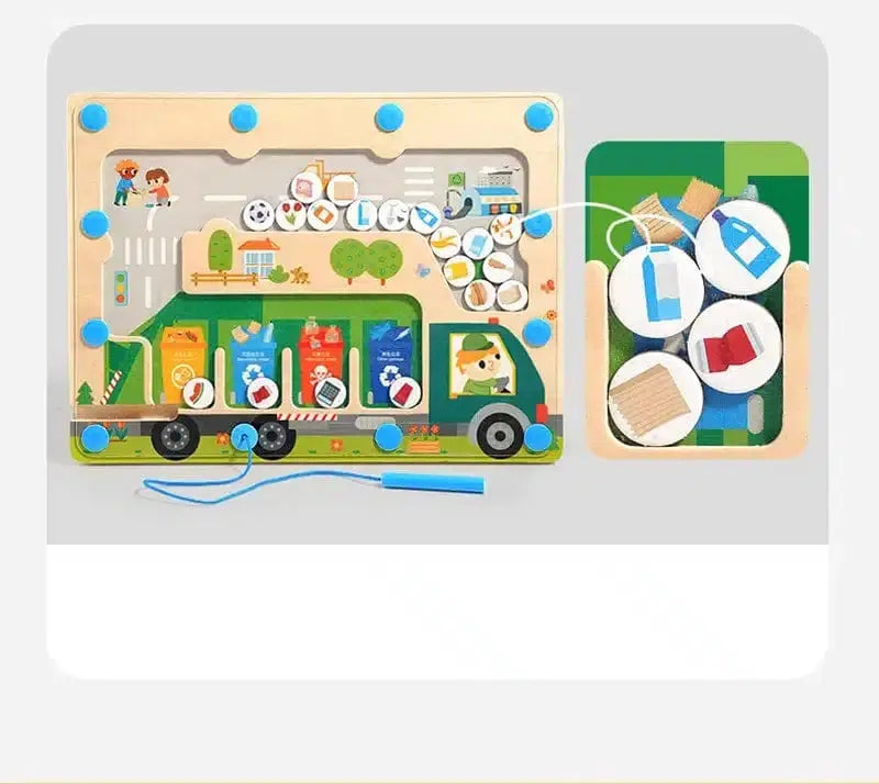 Fidtoy Camion de Ramassage Magnétique – Jouet Labyrinthe Montessori pour le Développement de la Motricité Fine et le Recyclage chez les Tout-Petits