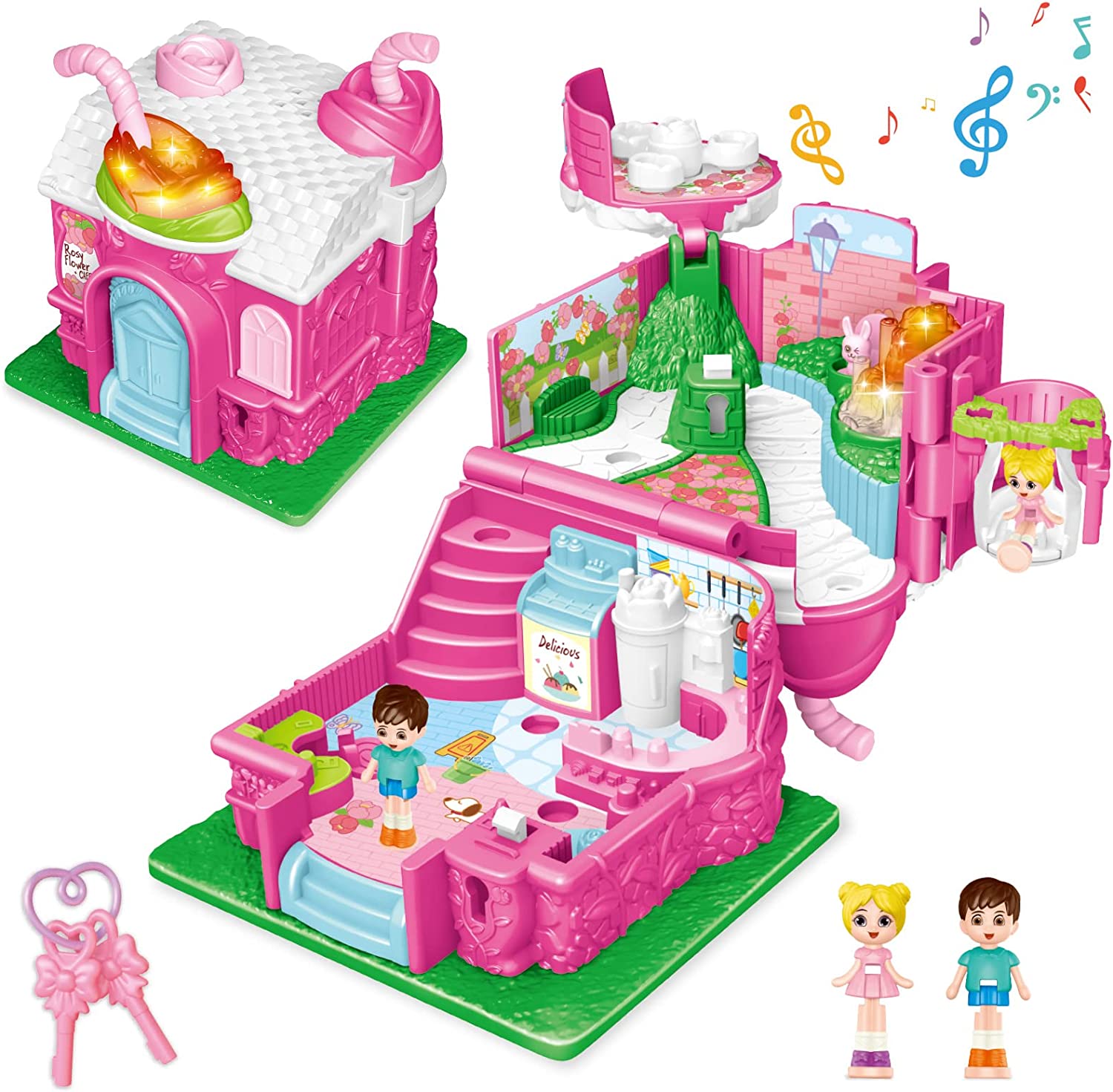 Juego de casa de muñecas portátil Cafe Garden Dolls House, juguete de simulación con luz y sonido, mini casa de muñecas 3D, gran regalo para niños