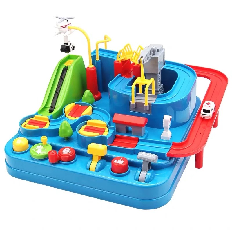 Fidtoy 2-in-1 Adventure Car Track Toy for Kids – Multi-Level City Rescue Track Set with 3 Mini Cars, 6 Control Buttons, 8 Challenges, and Manual Racing Play