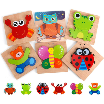 Lot de puzzles en bois Fidtoy Montessori pour l'apprentissage des formes pour les tout-petits de 1 à 4 ans - 6 puzzles Montessori