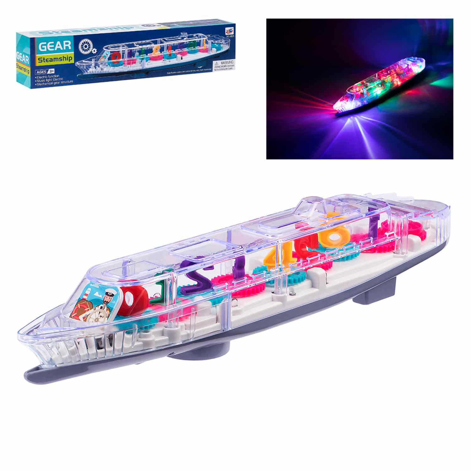 Fidtoy Number Gear Steamship Toy for Babies 6M+ Plastic Light Sound Gear Boat with Removable Number Gears and Bump-and-Go Play
