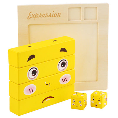 Puzle de aprendizaje de expresiones de emociones faciales estilo emoji para niños en tablero de madera