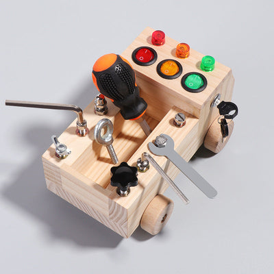 Montessori Wooden FIRE Truck Screwdriver Board with tool kit set Bolts and nuts Cogs LED Switches