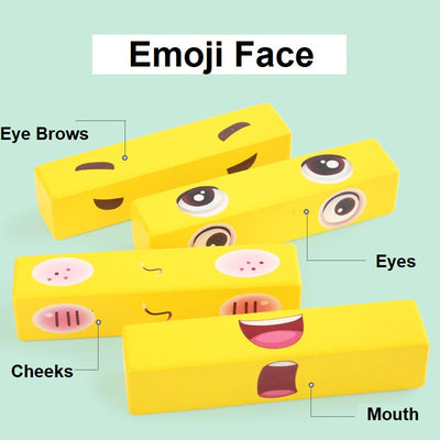 Puzle de aprendizaje de expresiones de emociones faciales estilo emoji para niños en tablero de madera